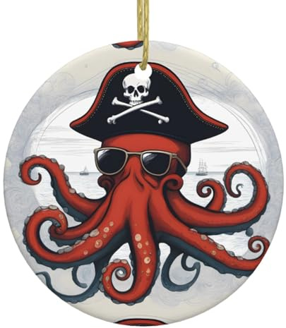 WZYWHJ Runder Weihnachtsanhänger aus Keramik, 7,4 cm, Dekoration für Feiertage, Party, Cartoon, Segeln, Pirat, Oktopus, bedruckt