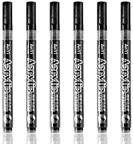 6PCS Black Marker Pen, 1mm Permanent Waterproof Fine Point Acrylic Paint Pen for Drawing Laundry Fabric Wood Ceramic Rock Plastic