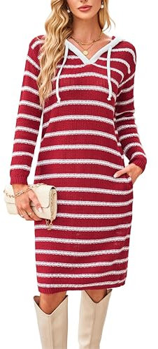 VOGMATE Strickkleid Damen Langarm Sweatshirt Hoodie Kleid Lang Pulloverkleid mit Kapuze Wollkleid Streifen Casual Sweater Dress for Women Tunika Kleid Taschen