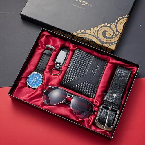 Coffret Cadeau Hommes en Cuir de Supérieure Montre-Bracelet Ceinture Porte-Clés Lunettes Portefeuille Saint-Valentin, Fête des Pères, Cadeau D’anniversaire de pourlui, Cadeau de Luxe Pour Mari (C)