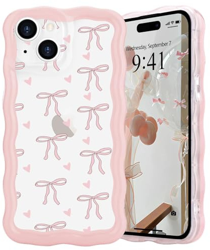 L-FADNUT for iPhone 15 Case Cute Bow Wave Frame Clear, Small Heart | Curly Wavy Frame Girly Bow Ribbon Pretty Phone Case, Soft Wave Slim Silicone Shockproof Anti-scratch Cover for Women Girls
