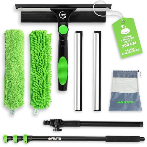 VHAYR Fensterreiniger mit Teleskopstiel 230 cm | Fensterwischer und Fensterabzieher Profi Kombi-Set | Set Profi 25 cm mit Mikrofaser- und Chenille-Ersatzpads für Bad, Dusche, Auto, Glas