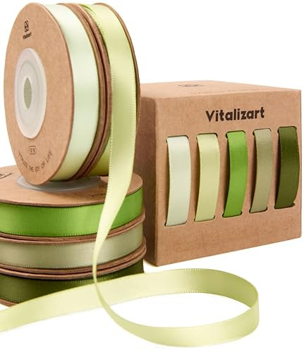 Vitalizart Grüne Serie Satinband für Handwerk 0,95 cm x 45,7 m (5 Rollen * 9,14 m), Doppelseitige Stoffband für Geschenkverpackungen, Schleifen Machen, Brautstrauß, Dekoration