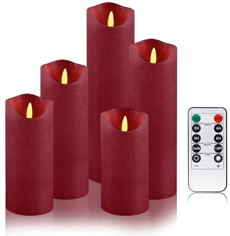 PinnWaa LED Kerzen [5 Stück] Flammenlose Kerzenhalter, 10-Tasten Fernbedienung Timer, Flammenlose Kerzen, Realistisch Flackernde Batteriebetriebene Dekorations LED Stabkerzen - Rot