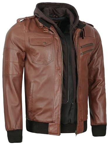 Leatherick Premium Lammfell-Lederjacke für Herren – Abnehmbare Fleecekapuze mit 7 praktischen Taschen und Frontreißverschluss (Schwarz & Braun)