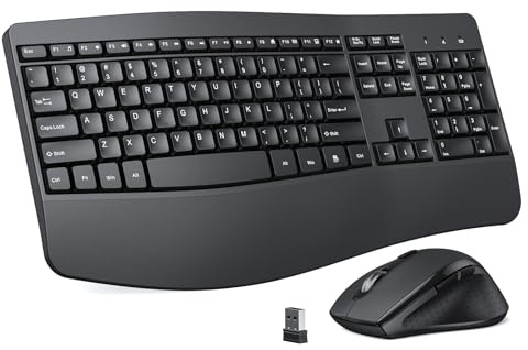 Wireless Keyboard and Mouse Combo, 2.4G Ergonomic Wave Keys, Black | Full size 2.4G keyboard with palm rest, quiet low-profile keys, 3-Level DPI Adjustable Ergonomic Mouse for Windows devices.
