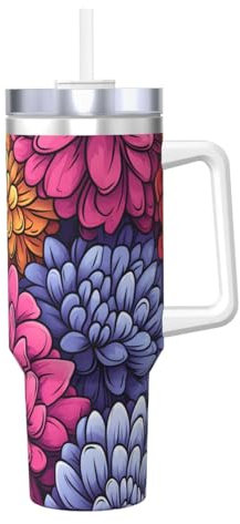 ZSUUGJ Vaso aislado de crisantemo colorido de 40 onzas con asa y tapa con pajilla, taza de viaje, taza de café, botella de agua reutilizable, ideal para coche, trabajo, regalo