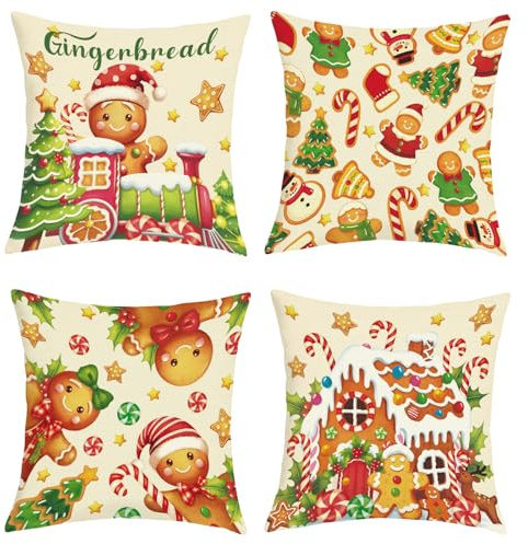 Joymaison Kissenbezüge 45x45 4er Set Lebkuchenmann Weihnachten Zug Rentier | Deko Kissenhülle Winter Lebkuchenhaus Weihnachtsbaum Zuckerstangen Dekorative Kissenbezug Kissen für Couch Sofa