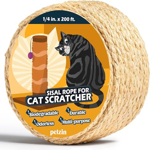 PELZIN Natural Sisal Rope for Cat Scratcher 6mm x 60m, Cat Scratching Post Replacement Rope, Cat Tree Twine for Scratching Post Repair, Recover, Replace and DIY, Natural