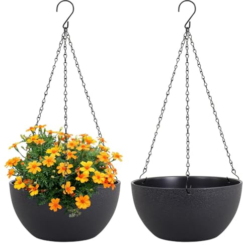 NONDK 2Pcs Large Hanging Planter Plant Pots for Outdoor Indoor Plants with Drainage Holes and Chain, Round Hanging Flower Pots