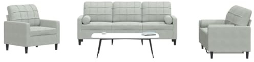 Mandloder 3-TLG. Sofagarnitur, hellgrau Samt, mit Kissen, Nackenrollen, Metallgestell, modernes Design, Wohnzimmer, bequemer 2- und 3-Sitzer Plus Sessel Set