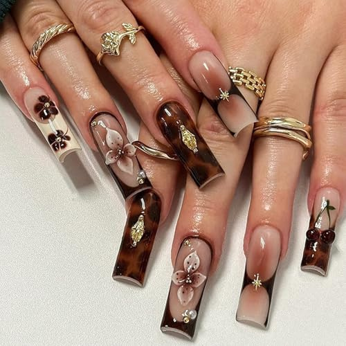 Brown Floral Long Press-On Nails Coffin Shape with 3D Flower Gold Pearl Tortoiseshell Brown Tips - Nude Gradient French Manicure ABS Material Jelly Adhesive Tabs for Women Salon Quality At Home