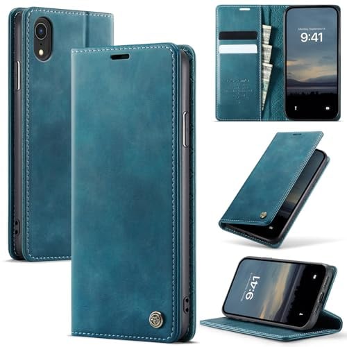 Cracedily Wallet Case for iPhone XR Leather Wallet Flip Cover with Card Holder, Kickstand, Magnetic Closure, RFID Blocking TPU Shockproof Phone Case Compatible with iPhone XR, Blue-Green
