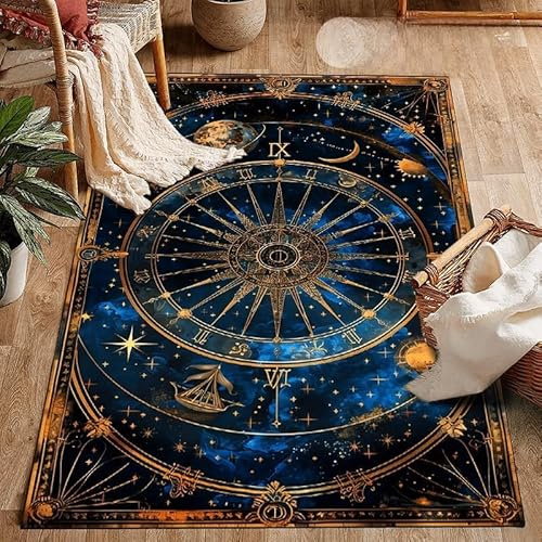 Bycmuoz Himmlisch Kompass Kinder Teppiche, 70x140cm, Astrologie Dekor Schlafzimmer Teppich, Geheimnisvoll Galaxis Universum Maschine Waschbar Faltbar Teppich, Haustier Freundlich Nicht Slip Teppiche