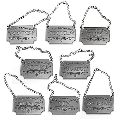 Decanter Tags - Liquor Decanter Labels (Set of 8, Silver) Liquor Tags: Whiskey, Bourbon, Scotch, Gin, Rum, Vodka, Tequila & Brandy - Liquor Bottle / Carafe Labels, Alcohol Name Tags for Bottles