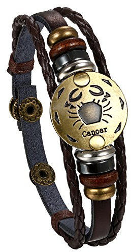 Flongo Leder Echtleder Armband Armreif Lederarmband Geflochten Braun Bronze Krebs Sternzeichen Horoskop Tierkreis Sternbild Kugel Perle Surfer Wickeln Einstellbar Verstellbar Herren,Damen