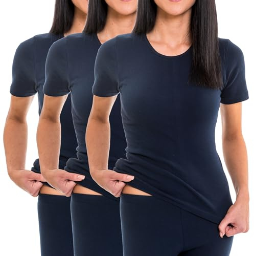 HERMKO 1800 3er Pack Damen Kurzarm Unterhemd aus 100% Bio-Baumwolle,Farbe:Marine;Größe:44/46 (L)
