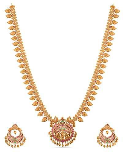 TARINIKA Antique Gold Plated Indian Long Necklace Set for Women with Jhumka, Dangle, Drop Earring Brass Traditional Wedding Desi Jewelry CZ Gemstone Bridal Necklace (Gita Antique)