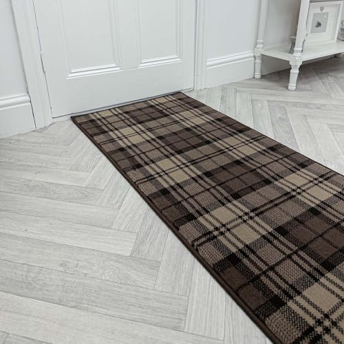runrug Soft & Luxurious Hallway Runner Rug - Comfortable Carpet for Hall, Kitchen & Corridor - Multiple Sizes - Stain-Resistant, Dirt-Resistant - 60cm x 300cm - 9mm Thick - Tartan, Brown