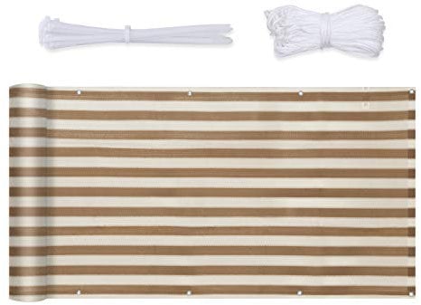 Sekey Balkon Sichtschutz Balkonabdeckung HDPE 220 g/m², 90x500cm, Leicht Transparent Wind- und UV-Schutz Wetterfest, mit Ösen, Nylon Kabelbinder und Kordel, Braun-Gelb Gestreift