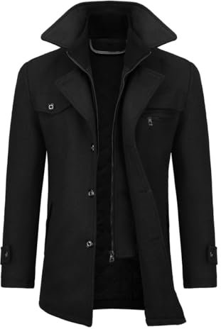 Allthemen Mens Winter Padded Coat Wool Trench Overcoat Mid Length Coat Jacket Casual Slim Fit Coat Jacket Black M