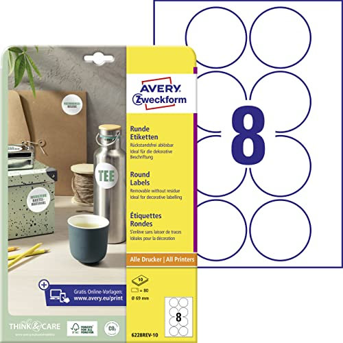 AVERY Zweckform 6228REV-10 Runde Etiketten (80 Klebepunkte, Ø69mm auf A4, runde Aufkleber zum Bedrucken, wieder rückstandsfrei ablösbar/abziehbar, selbstklebende Marmeladenetiketten) 10 Blatt, weiß