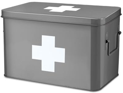 Flexzion Vintage First Aid Kit - 13 Gray Metal Box with Dividers, Removable Tray and White Cross Logo
