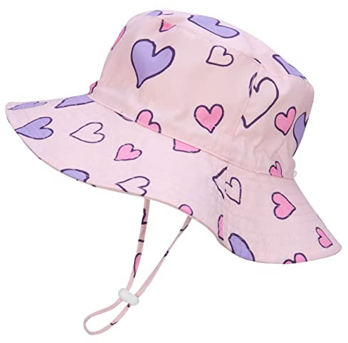 Foruhoo Mädchen Sonnenhüte UV Schutz, Baby Kinder Sommermützen Atmungsaktiver Breite Krempe mit Kordelzug (48, Herzen)