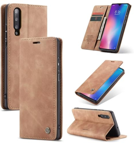 SLWYF Handyhülle für Xiaomi Mi 9 Hülle Premium Lederhülle Klappbar Flip Case Tasche Magnet Kartenfach Standfunktion Klapphülle Schutzhülle für Xiaomi Mi 9, Braun