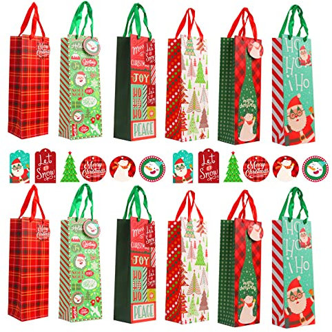 VEYLIN Bottle Gift Bags, 12 Pack Colorful Christmas Wine Gift Bag with Handle and 12 Tags for Winter Holiday Party Decoration
