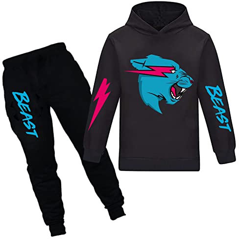Mr Beast Jungen Hoodies YouTube Gamer Kleidung Set Lightning Cat Hoodie und Hose 2pcs/Sets Trainingsanzüge für Mädchen, Schwarz , 7-8 Years