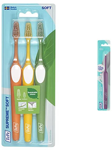 TEPE Supreme Toothbrush - Tapered Brush Shape with Short and Long Bristles for Optimal, Gentle Cleaning Interdental Spaces, 1 x 3 Pieces, Assorted & Compact Tuft Einbüschelbürste Zahnbürste, Sortiert