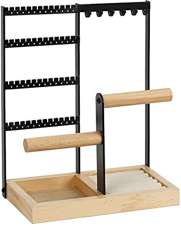 Hggzeg Schmuckständer, 4-stöckiger Ohrringhalter, Schmuck-Organizer mit Holzringablage für Halsketten, Ohrstecker, Armbänder, Ringe, Uhren (schwarz)