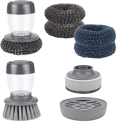 Reinigungsbürste Mit Spülmittelspender 2+5 Stück, Dekontaminations-Reinigungsbürste Mit Druckfunktion, Spülbürste mit Druckfunktion Abwaschbürste Mit Spülmittelspender Für Topf,Pfanne,Spülen Reinigung