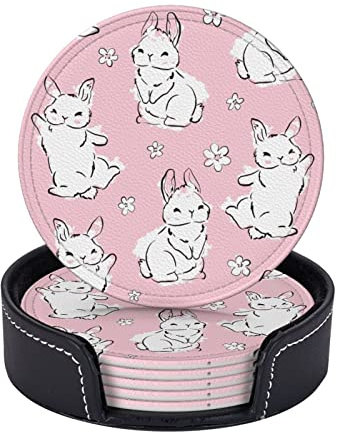 Stück Kawaii Hasen Happy Bunny Lederuntersetzer für Getränke mit Halter Untersetzer-Sets Getränketisch Tassenuntersetzer für Wohnzimmer Küche Kaffee Dekor