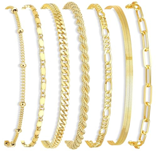 Gokeey Gold-Armbänder für Damen, 14 Karat Echtgold, Schmuck-Set für Frauen, kubanische Gliederung, Büroklammer, Fußkettchen, zierliche Armbänder, Schmuck, Geschenke für Frauen und Mädchen