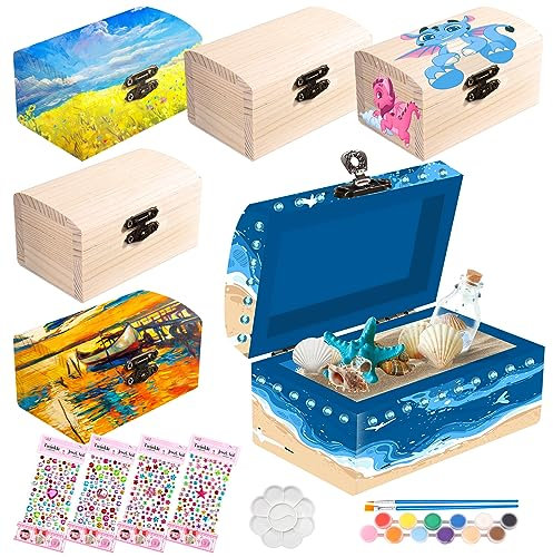 Joycabin 6 Stück Mini Schatztruhe Schatzkiste Holzbastelsets für Kindergeburtstag Holzkiste, DIY Kleine Holzkiste mit Deckel, Holzschatulle für Geburtstags Piraten Party Requisiten Dekor
