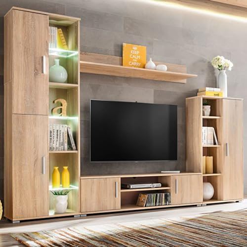 LAPOOH TV Wohnwand mit LED-Leuchten, Wohnwand Wohnzimmer, Wohnzimmer Möbel, Schrankwand Wohnzimmer, Tv Möbel, Anbauwand Wohnzimmer, Sonoma Eiche