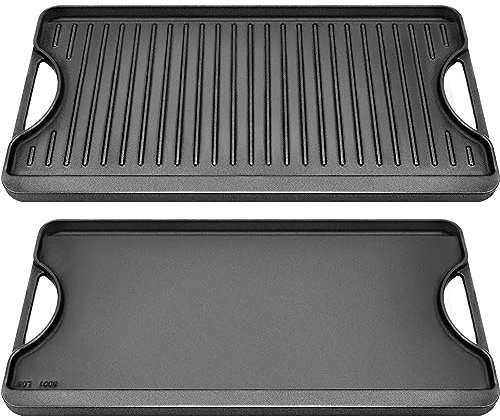 GGC Gusseisen Wendegrillplatte, 2-in-1 Grillpfanne für Gasherd, Gasgrills und Camping, 20 x 10,5 flache und gerippte Grillplatte für Kochen im Innen- und Außenbereich