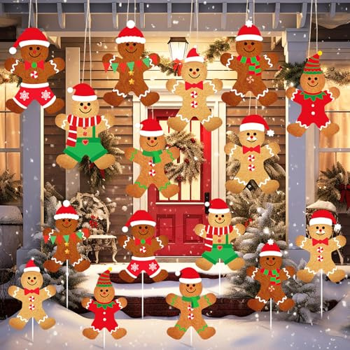 Woanger 16 Pcs Gingerbread Man Decorations Large Christmas Gingerbread Ornament Double Sided Xmas Hanging Decor Big Yard Lawn Signs with Stake for Home Outdoor Indoor Porch Pathway Christmas Tree