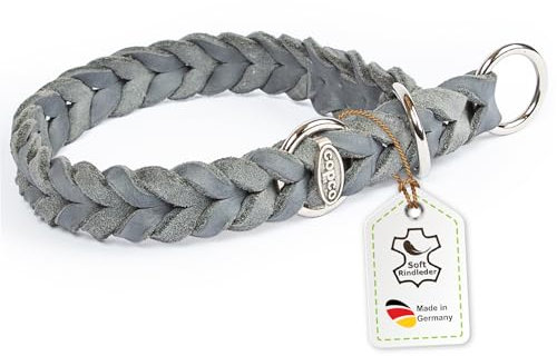 CopcoPet Hundehalsband Würger 55–60 cm x 25mm Grau – Geflochtenes Halsband mit Zugstopp & verchromtem Ring – Aus robustem Fettleder – Für große Hunde – Weiches Lederhalsband fürs Training