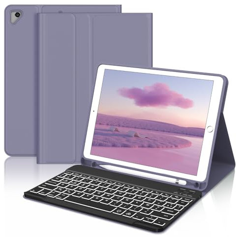 JADEMALL Coque Clavier pour iPad 6eme/5eme Generation 9.7 2018/2017, iPad Air 2/1-2014/2013, AZERTY Clavier Rétro-éclairé Bluetooth Détachable Housse avec Pen Holder, Violet