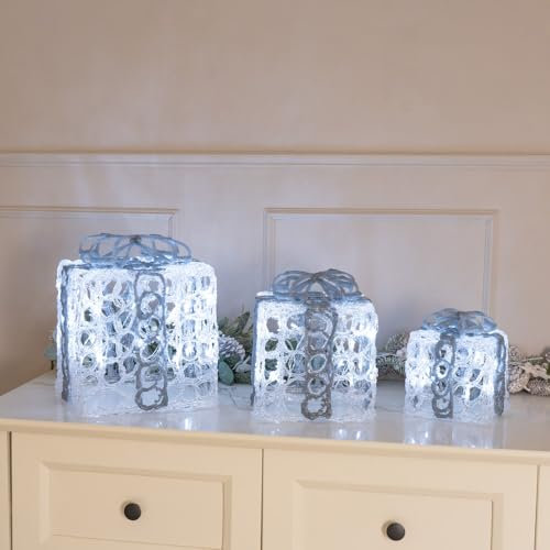 Set of 3 - Light Up Christmas Presents Xmas Festive Lights Gift Boxes with Silver Ribbon Bow Cool White Indoor Outdoor Use