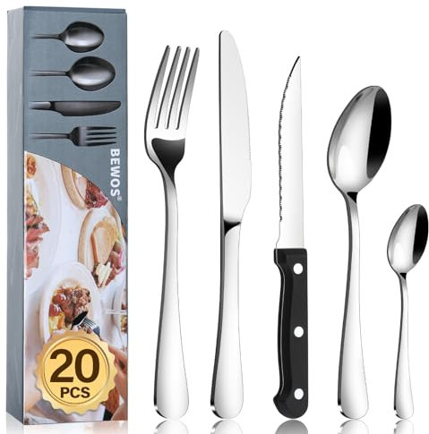 BEWOS 16-Piece Cutlery Set with 4 Triple Riveted Steak Knives, Stainless Steel Silverware Tableware Set for Kitchen, Mirror Polished Knives, Forks and Spoons Cutlery Set for 4, Dishwasher Safe