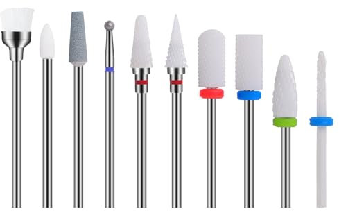 Qilnyeh 10 brocas de cerámica para uñas, Broca Manicura, 10 Piezas Fresas para Torno Manicura, Quitar Gel, Acrílico, Cutícula
