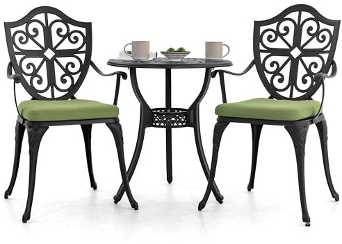 NUU GARDEN Ensemble de bistrot 3 pièces en fonte d'aluminium avec trou pour parasol et coussins verts, table de bistrot et chaises pour terrasse, jardin, noir