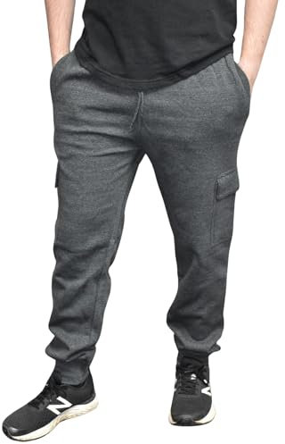 True Face Mens Trouser Fleece Sweatpants Cargo Combat Joggers Multi Pockets Elasticated Ribbed Sports Running Fitness Gym Jogging Bottoms Charcoal Ribbed XXL