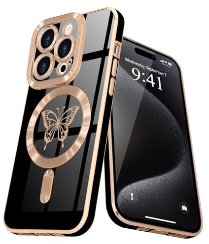 Lafunda Magnetisch Hülle für iPhone 15 pro Handyhülle Schutzhülle Kamera-Vorsprung Case Schmetterling Vergoldung Glitzer Mädchen Stoßfest Cover für iPhone 15 pro Schwarz