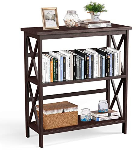 COSTWAY Bibliothèque Étagère de Rangement, Table Console en Bois à 3 Niveaux, Dispositif Anti-Basculement, pour Entrée, Salon, Chambre, Bureau (Café)