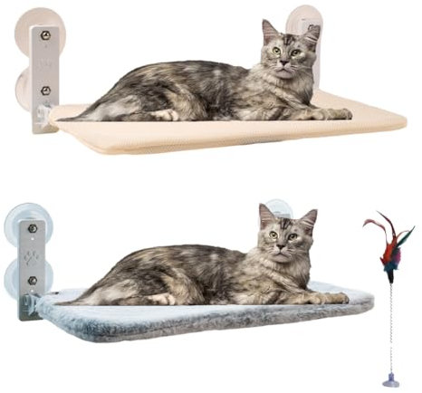 Katzen Fensterliege mit Stabil Saugnäpfe, 52x30cm Klappbar Katzenbett Fenster mit Samtmaske und Gefiedertes Katzenspielzeug, Hängematte Fensterplätze Katzenbett für Katzen Aller Größen, bis zu 25kg